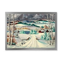 Дизајн на „Снежен пат во село Зимски пејзаж“ Традиционално врамен уметнички принт