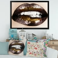 DesignArt 'Златни црни усни гризени' модерни врамени уметнички печати