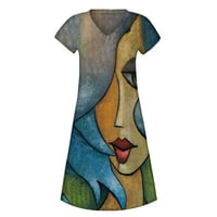 вендунид летни фустани за жени Жени Лето В - Вратот Апстракт Печатење Кратки ракави Плус Големина Долги Фустани Сива XL