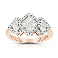 КТ. Т.В. Квад принцеза-пресечен дијамант три камени навалени рамка прстен во злато од роза од 14 килограми