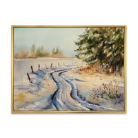 Дизајн на „Снежен зимски шумски пејзаж Рурален пат во снег“ Традиционално врамено платно wallидно уметности печатење
