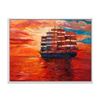 Фрегата за време на црвениот вечерен сјај на океанскиот хоризонт, врамени сликарски платно уметнички принт
